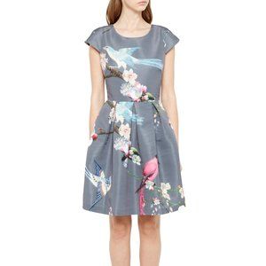 Ted Baker London Grey Floral & Bird Print Mini Dress